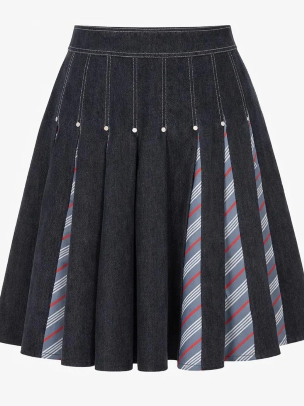 Dark Denim Pleated Skirt with Striped Inset Panels Also Match  jacket